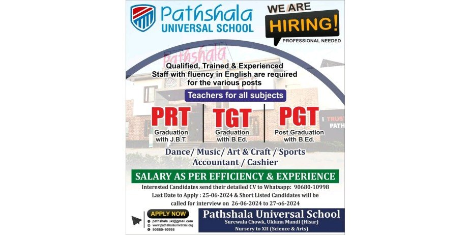 Teacher jobs at Pathshala Universal School, Hisar, Haryana