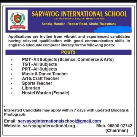 Teacher Hiring In International School Rajasthan