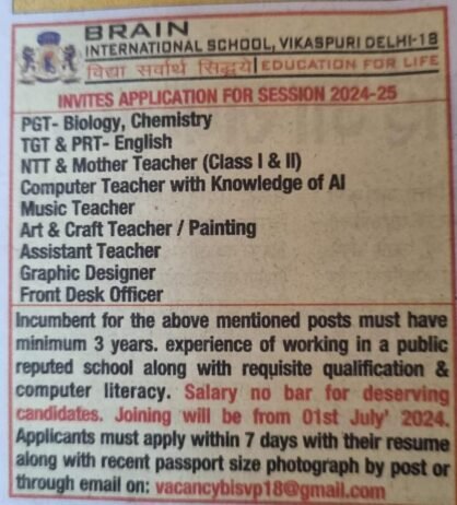 TEACHER JOBS!! in – Vikaspuri, Delhi at BRAIN INTERNATIONAL SCHOOL
