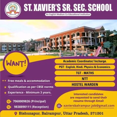 TEACHER JOBS!! in-Balrampur, Uttar Pradesh at ST. XAVIER’S SR. SEC. SCHOOL