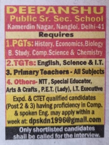 TEACHER JOBS!! in – Nangloi, Delhi at DEEPANSHU Public Sr. Sec. School