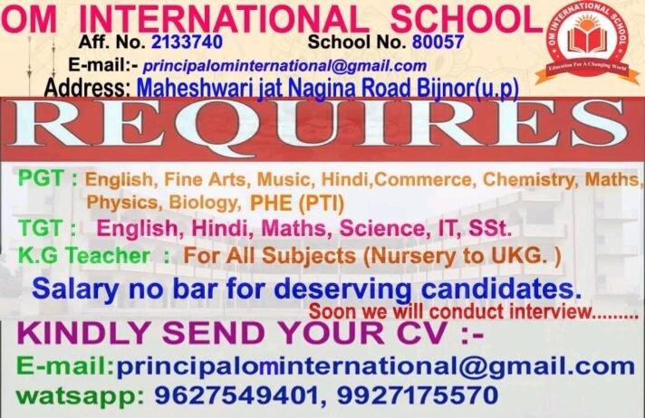 TEACHER JOBS!! in – Bijnor, Uttar Pradesh at OM INTERNATIONALINSCHOOL TERNATIONAL