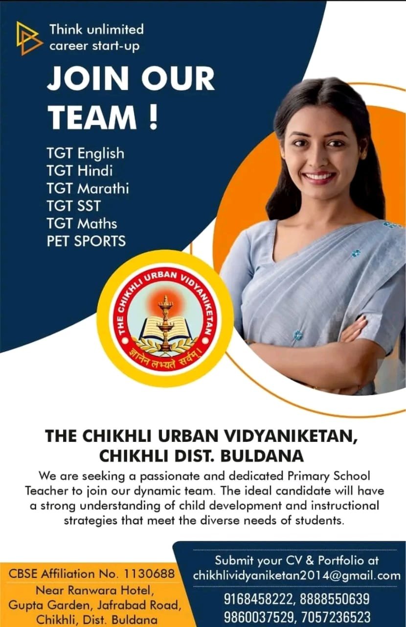 TEACHER JOBS!! in – Buldana, Maharashtra at THE CHIKHLI URBAN VIDYANIKETAN