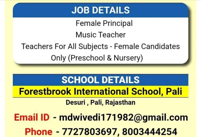 TEACHER JOBS!! in-Desuri , Rajasthan at Forestbrook International School