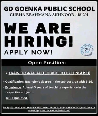 Teacher job at GD GOENKA PUBLIC SCHOOL, Jammu,  JAMMU & KASHMIR