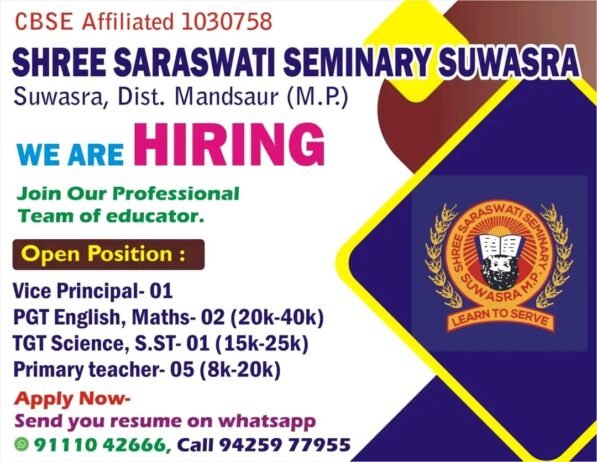 Teacher’s Job At- SHREE SARASWATI SEMINARY SUWASRA ,Madhya Pradesh (M.P.)