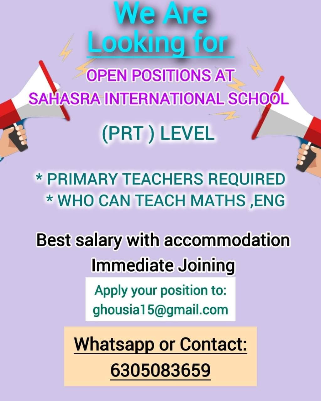 Teacher’s Job At- Sahasra International School in Andhra Pradesh