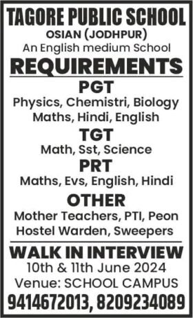 Teachers job at TAGORE PUBLIC SCHOOL, JODHPUR, Rajasthan