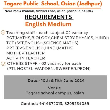 Teacher’s Job At- Tagore Public School, Osian (Jodhpur)