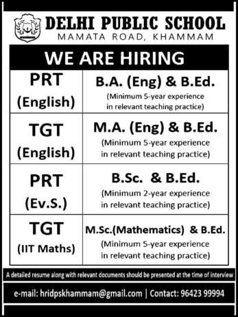 Latest Job for Teachers at DELHI PUBLIC SCHOOL in Khammam, Telangana