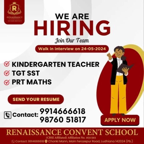 Teachear Job In ! RENAISSANCE CONVENT SCHOOL,Ludhiana (Punjab)