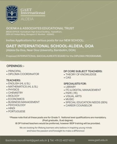 TEACHER JOBS!! in North Goa, GOA at GAET INTERNATIONAL SCHOOL-ALDEIA,