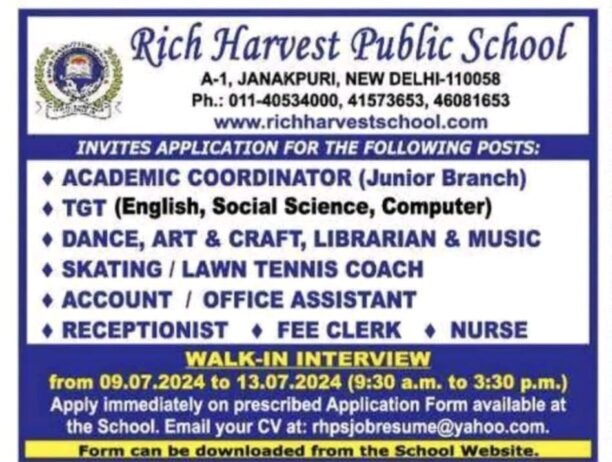 TEACHER JOBS!! in NEW DELHI, Delhi at Rich Harvest Public School