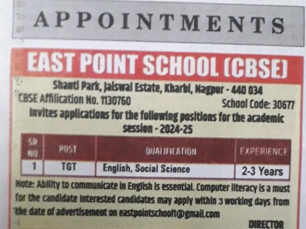 Teacher Vacancy at EAST POINT SCHOOL in Nagpur Maharastra