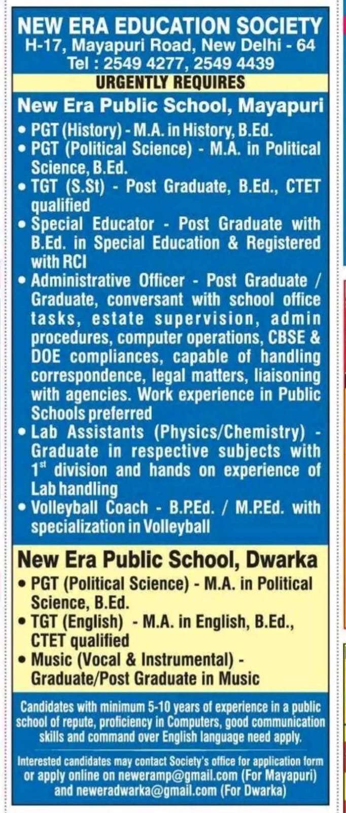 Opening Job for Teachers at New Era Public School , New Delhi (Delhi)