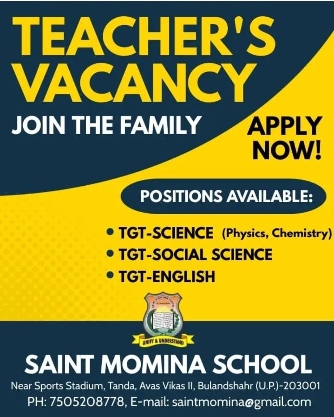 TEACHER JOBS!! in Bulandshahr (U.P.) at SAINT MOMINA SCHOOL
