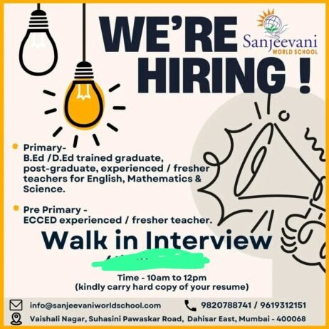 TEACHER JOBS!! in Mumbai, Maharastra at Sanjeevani WORLD SCHOOL