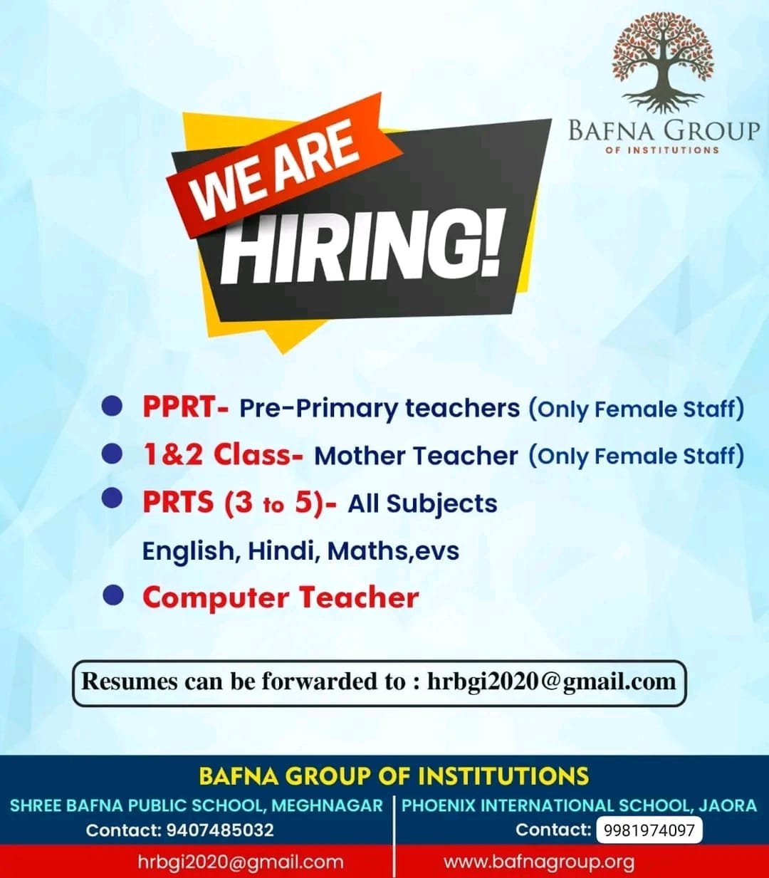TEACHER JOBS!! in MEGHNAGAR,, Madhya Pradesh at BAFNA GROUP OF INSTITUTIONS