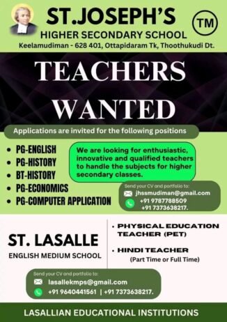 Job for Teachers at ST.JOSEPH’S TM HIGHER SECONDARY SCHOOL in thoothukkudi, Tamil Nadu