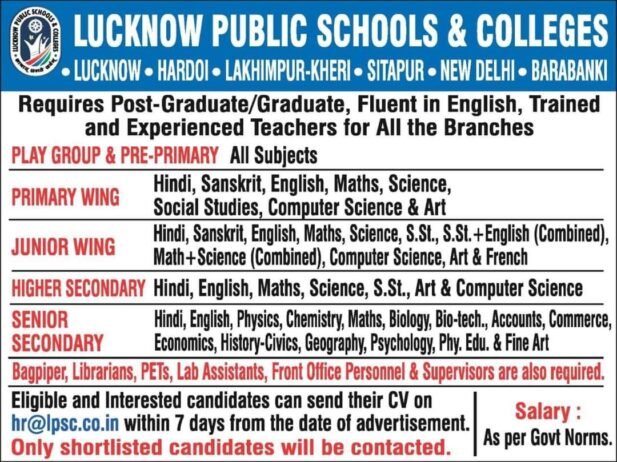 TEACHER JOBS!! in Lucknow, Uttar Pradesh at Lucknow Public Schools and Colleges