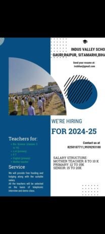 Teachers job in ! INDUS VALLEY SCHOOL, Sitamarhi (Bihar)