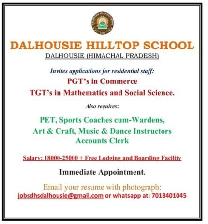 Job for Teachers at DALHOUSIE HILLTOP SCHOOL in DALHOUSIE (HIMACHAL PRADESH)