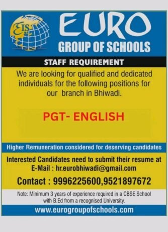 TEACHER JOBS!! in Bhiwadi, Rajasthan at EURO GROUP OF SCHOOLS