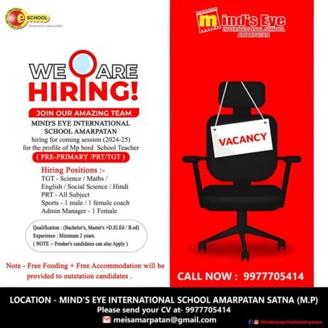 TEACHER JOBS!! in Satna, Madhya Pradesh at MIND’S EYE INTERNATIONAL SCHOOL