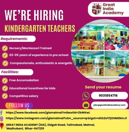 Latest Job for Teachers at Great India Academy in Madhubani, Bihar