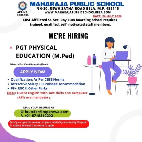 Job for Teachers at MAHARAJA PUBLIC SCHOOL in Satna, Μ.Ρ.