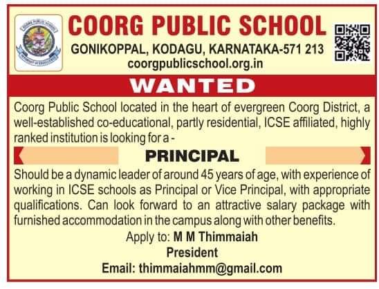 Teachers job in ! COORG PUBLIC SCHOOL, KODAGU, KARNATAKA