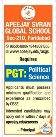 TEACHER JOBS!! in Faridabad, Haryana at APEEJAY SVRAN GLOBAL SCHOOL