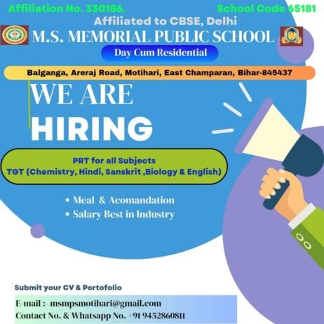 Job Openings in M.S. Memorial Public School, East Champaran, Bihar