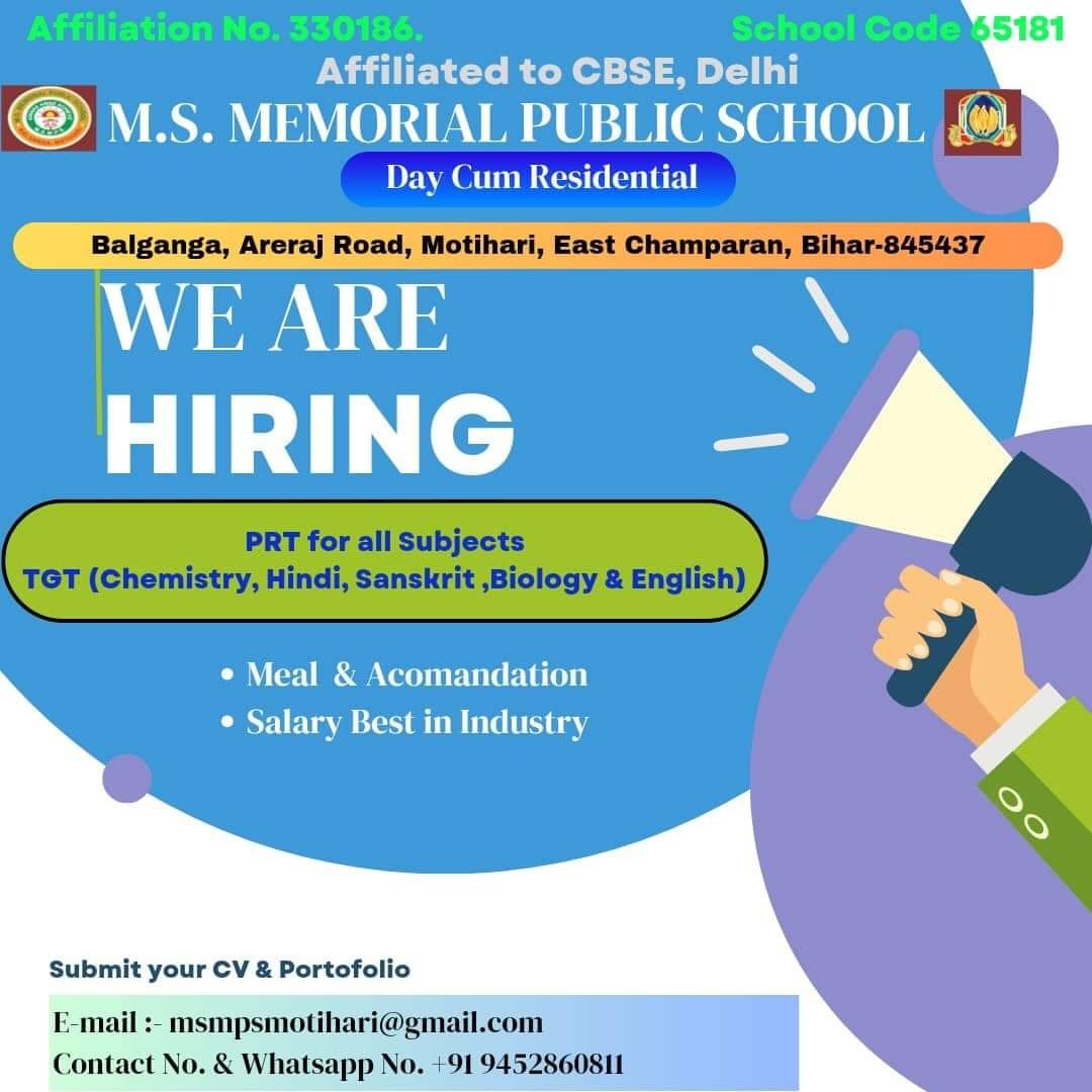 Job Openings in M.S. Memorial Public School, East Champaran, Bihar