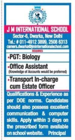 Opening Job for Teachers at JM INTERNATIONAL SCHOOL, New Delhi (Delhi)