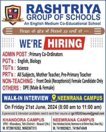 TEACHER JOBS!! in rewari, Haryana at RASHTRIYA GROUP OF SCHOOLS