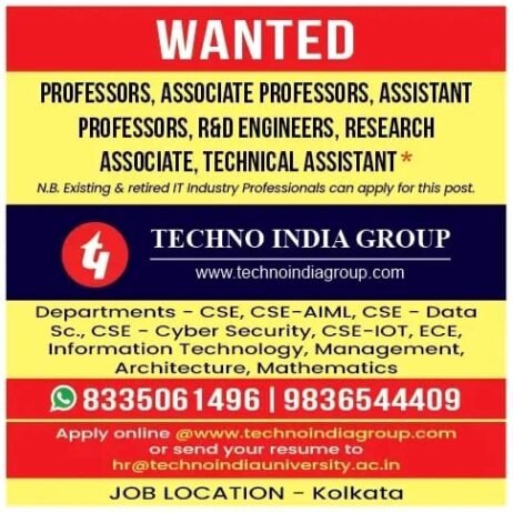 Job for Teachers at TECHNO INDIA GROUP in Kolkata, West Bengal