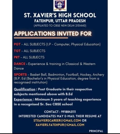 TEACHER JOBS!! in FATEHPUR, UTTAR PRADESH at ST. XAVIER’S HIGH SCHOOL