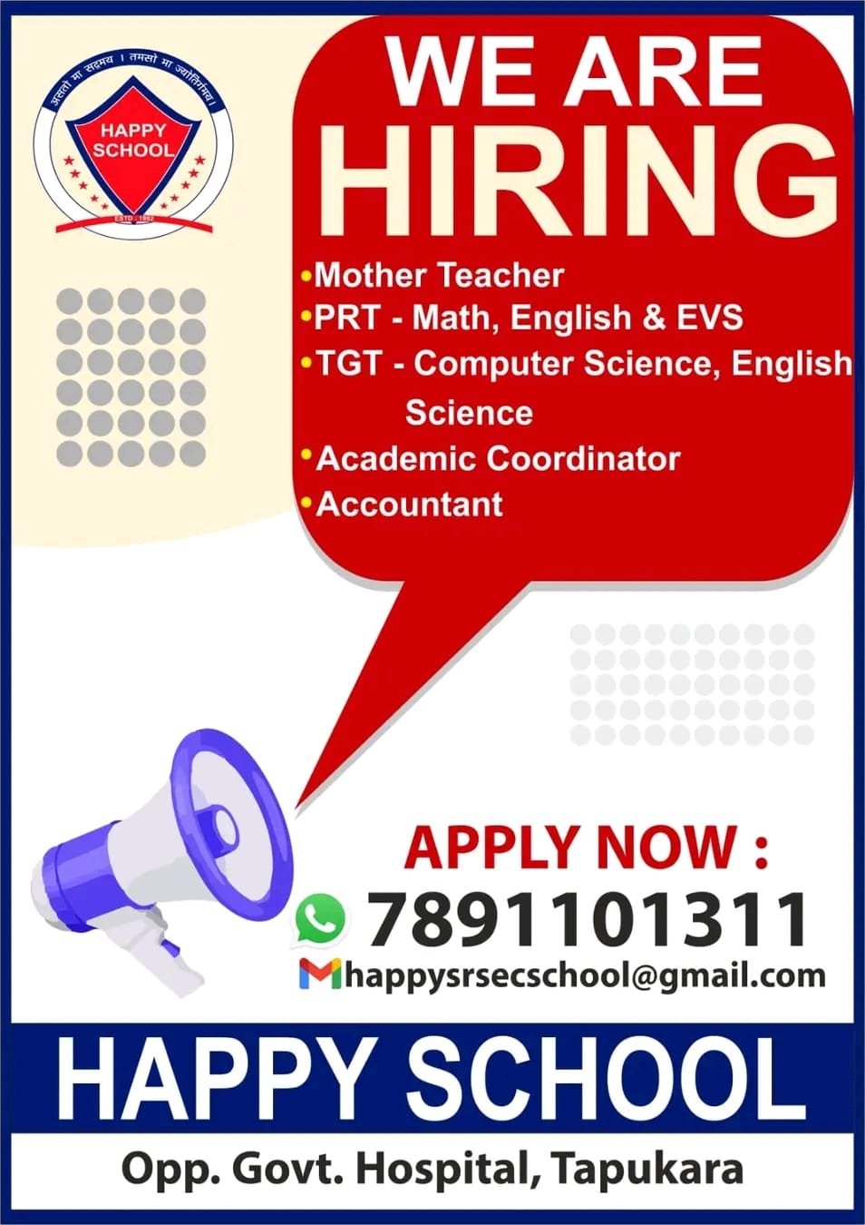 Teachear Job In ! HAPPY SCHOOL Tapukara, Rajasthan