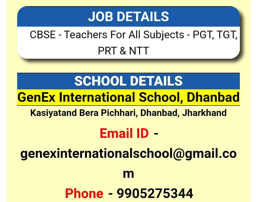 Teacher Hiring In GenEx International School,Jharkhand