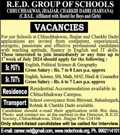 Teacher Job !! The Vedic Era Progressive School