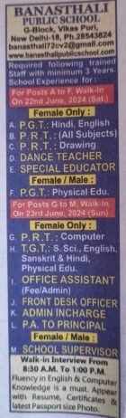 Teachers job at BANASTHALI PUBLIC SCHOOL, New Delhi, Delhi