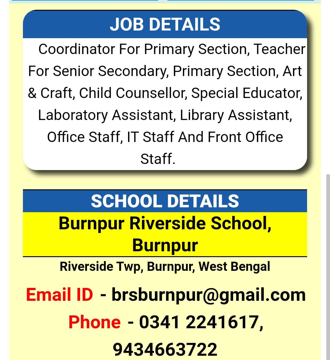 Teachers job in Burnpur Riverside School, Burnpur, West Bengal