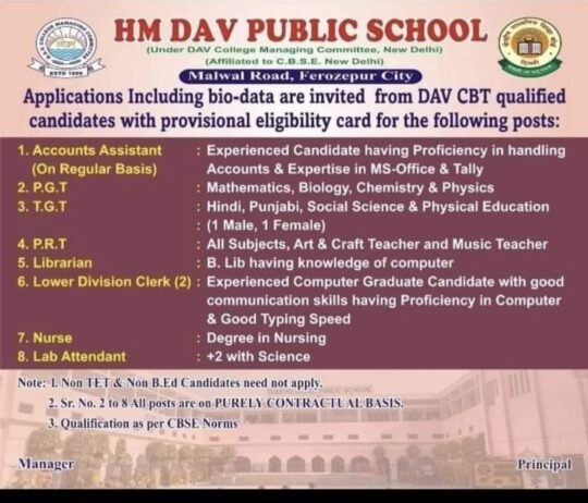 Teachers job at HM DAV PUBLIC SCHOOL, Ferozepur,Punjab