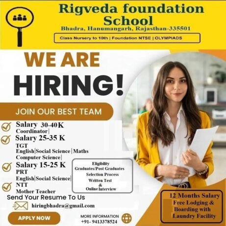 Teacher Job In !Rigveda Foundation School,Bhadra,Rajasthan