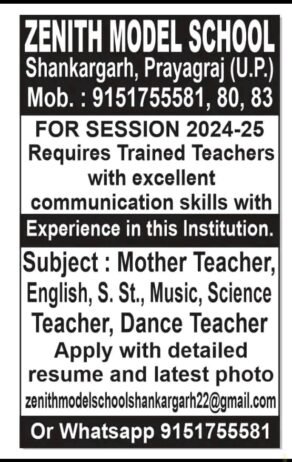 Teachers job in ! ZENITH MODEL SCHOOL Prayagraj U.P