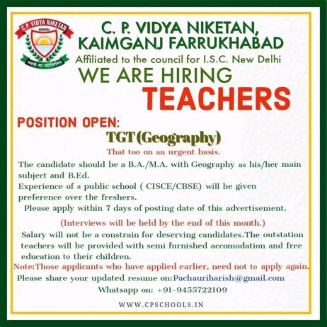 Teachers job in ! C.P. Vidya Niketan, Kaimganj Farrukhabad