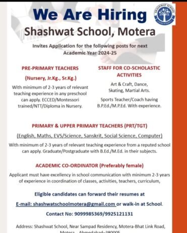 Teachers Job In ! Shashwat School, Motera