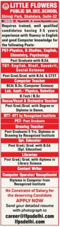 Teachers job in ! Little Flowers Public Sr. Sec. School, Shahdara, Delhi