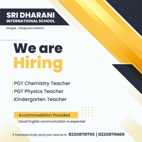 Teachers job in ! Join Sri Dharani International School, Gingee, Villupuram,TN